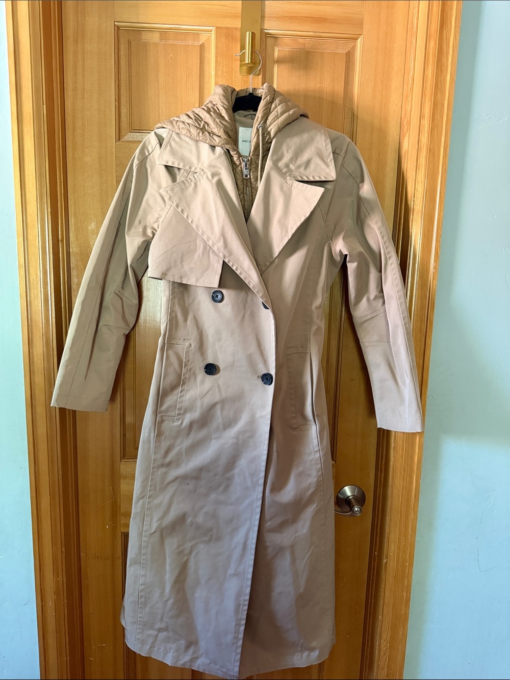 Avec Les Filles Beige Double-Breasted Trench with Quilted Hood